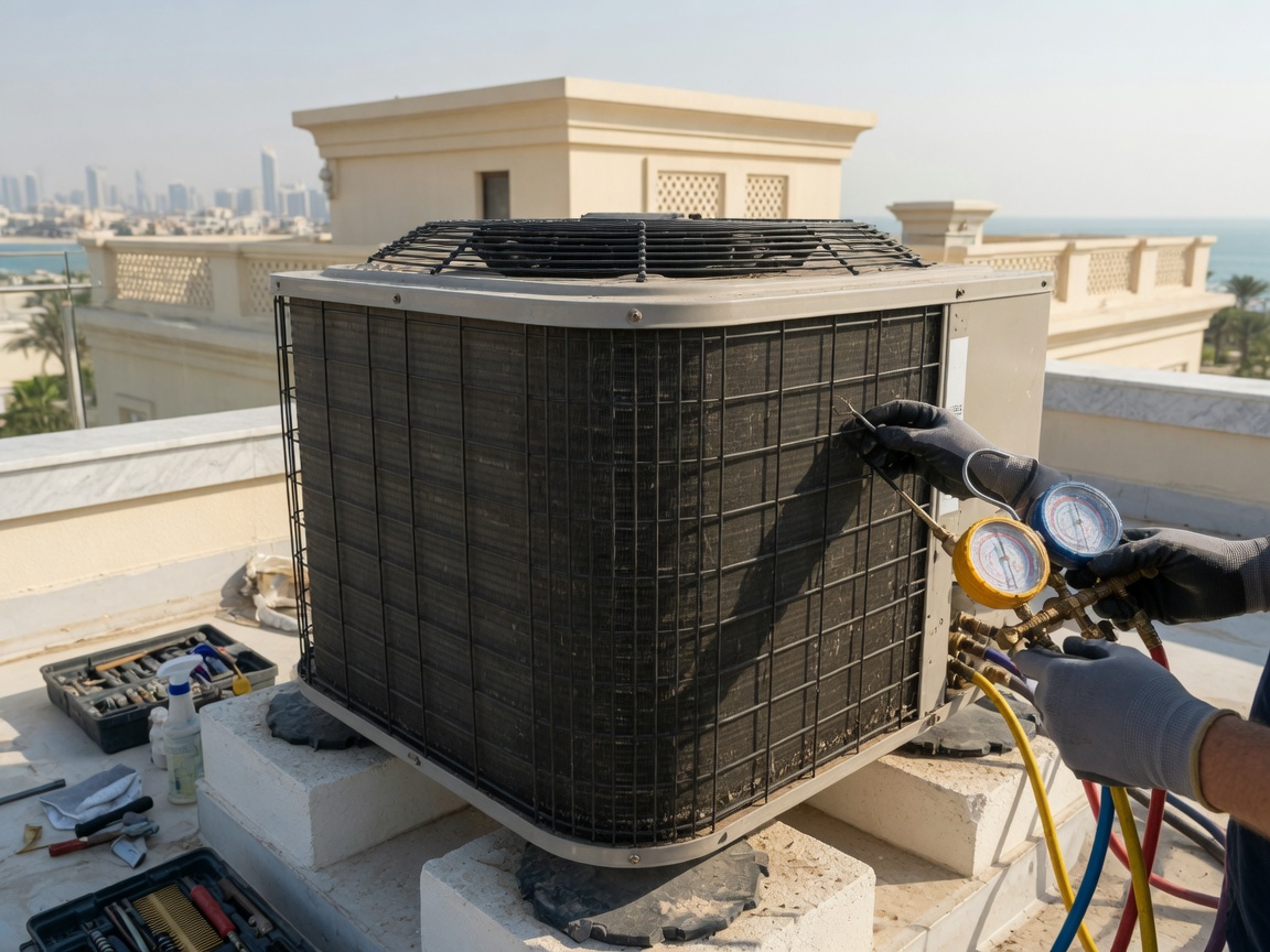Sample inspection photograph of rooftop air-conditioning being serviced