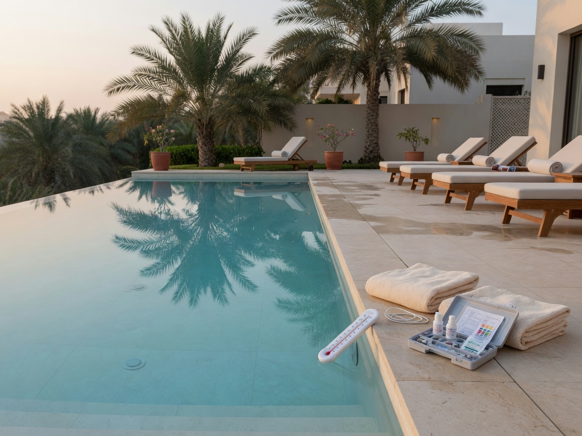 Sample inspection photograph of a villa pool and testing kit