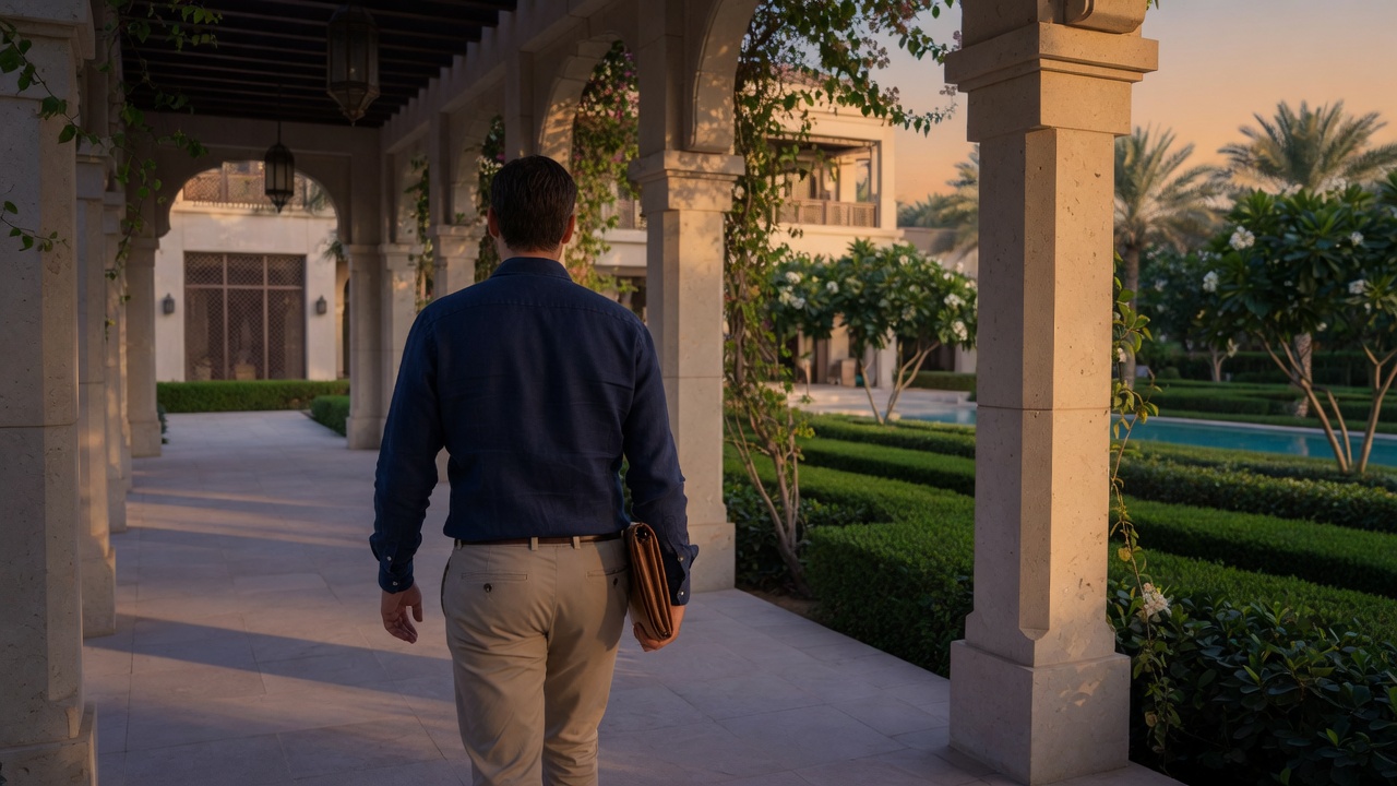 A property steward walking the colonnade of a Dubai villa at golden hour